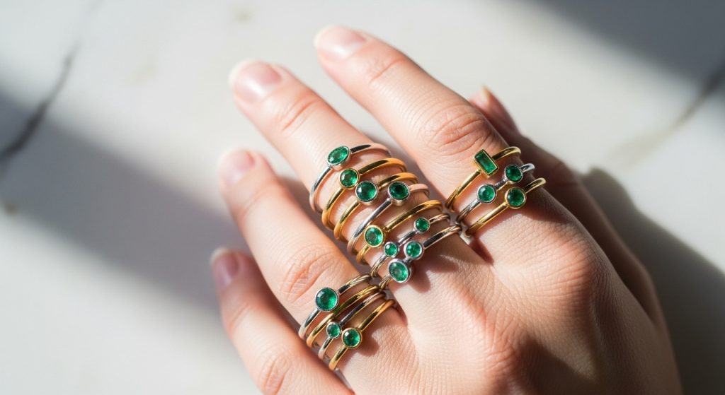 Emerald Jewelry Designs 2025 10 : Array of stackable emerald rings on fingers, with varying thin bands in gold and silver holding small green gems, arranged in a creative stack, photographed from above on a marble surface with soft shadows, captivating in its simplicity and variety.