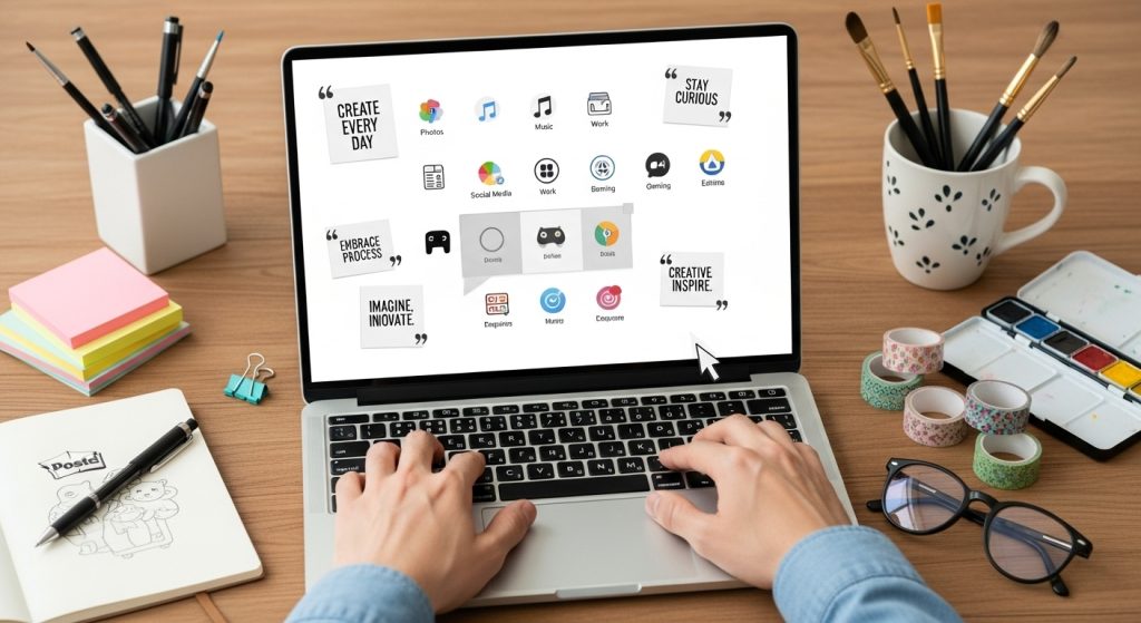 Image Suggestion:
Hands editing a white laptop wallpaper with icons and quotes, surrounded by creative stationery.