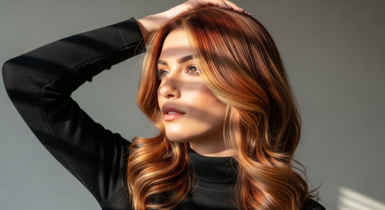 Beautiful woman showcasing trendy 2025 hair color ideas with a mix of red, blonde, and brunette tones, styled in soft waves under natural light, symbolizing confidence, creativity, and modern elegance.