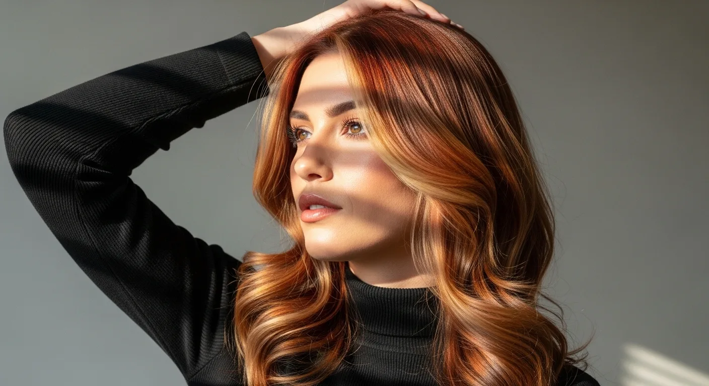 Beautiful woman showcasing trendy 2025 hair color ideas with a mix of red, blonde, and brunette tones, styled in soft waves under natural light, symbolizing confidence, creativity, and modern elegance.