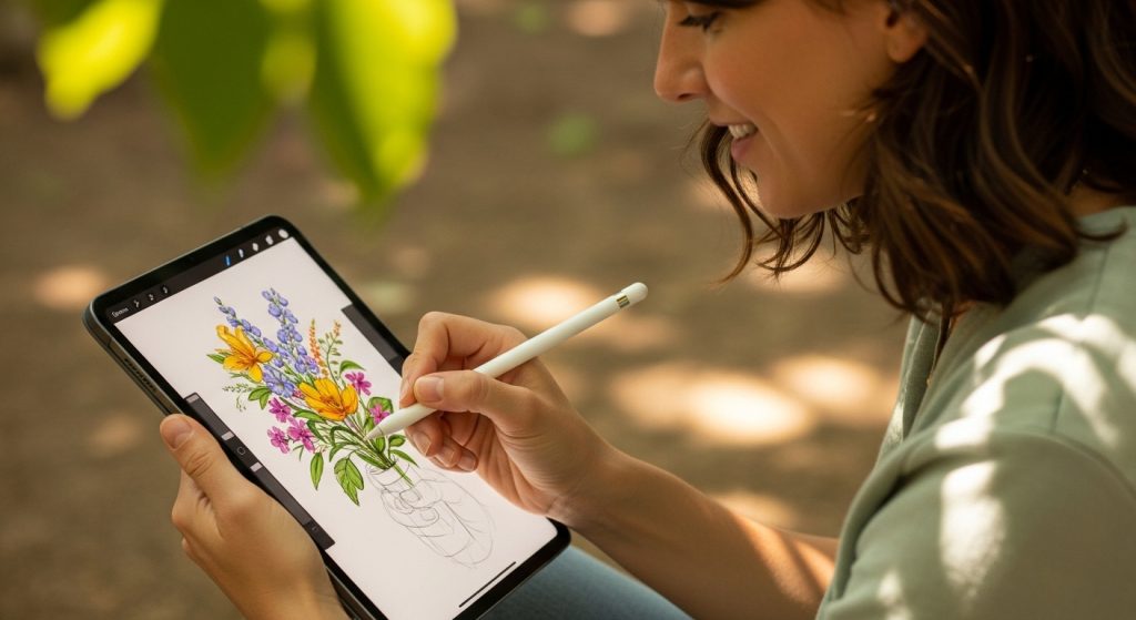 Top Aesthetic iPad Wallpapers for a Minimal & Stylish Look 9 Image Prompt: Generate a vibrant image of a focused person sketching on an iPad with floral screen, in daylight tones of beige and green for an uplifting, serene vibe.