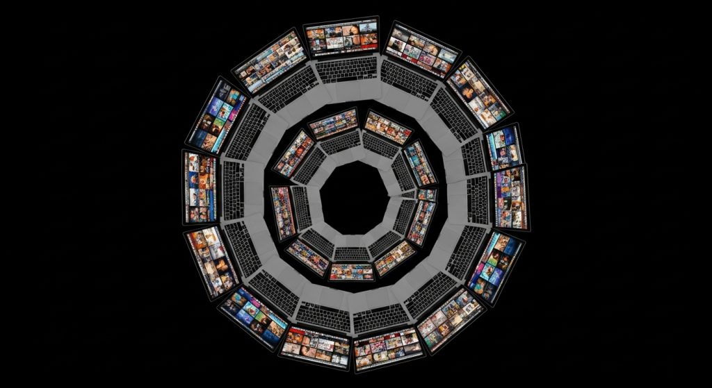 Circle of laptops displaying diverse aesthetic wallpapers glowing in harmony.