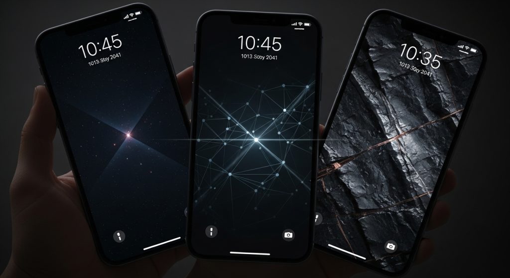 Transform Your Screen with Dark Aesthetic Wallpaper Vibes 9 Image Prompt: A smartphone cycling through three different dark wallpapers automatically on the lock screen.