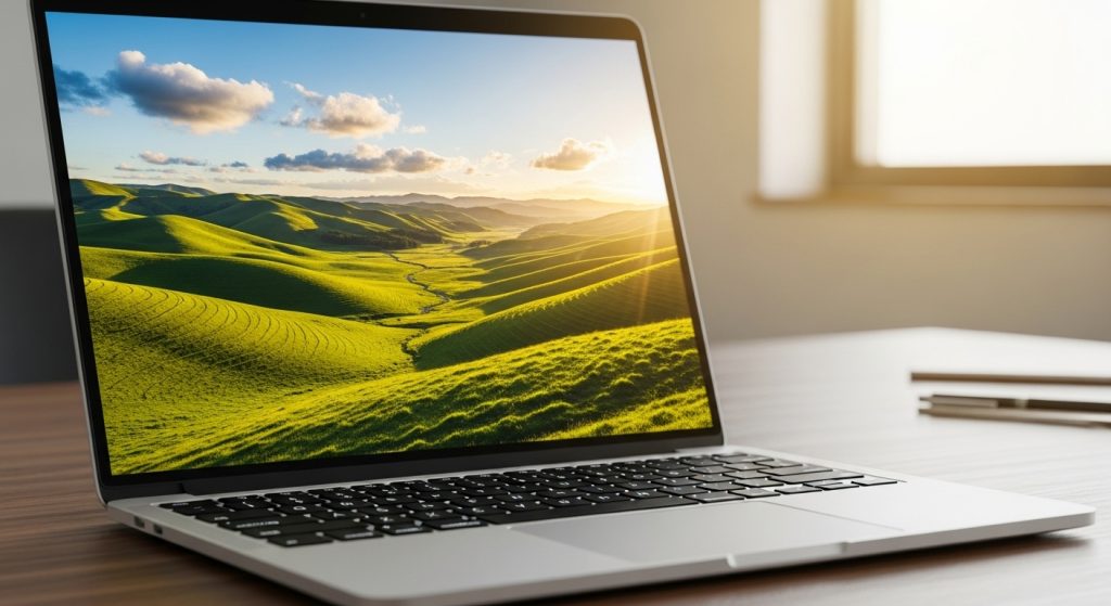 Laptop displaying a landscape wallpaper of rolling green hills and golden sunlight.
