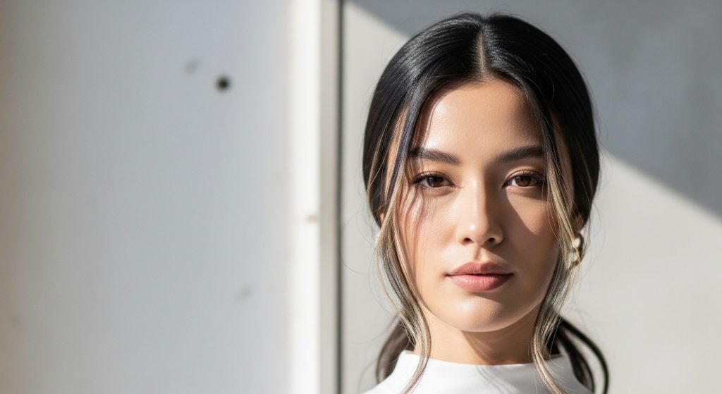 Beautiful Hair Color Ideas for Women 2025 9 : Minimalist image of a woman with subtle face-framing highlights, hair in a simple ponytail, natural light accentuating the strands, in a clean, serene setting that's elegant and subtle.