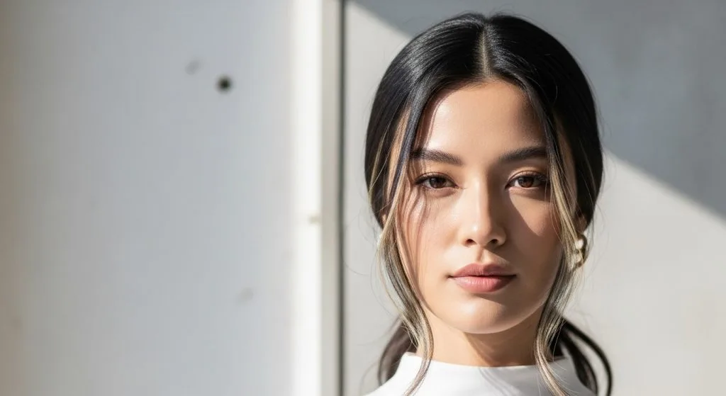 : Minimalist image of a woman with subtle face-framing highlights, hair in a simple ponytail, natural light accentuating the strands, in a clean, serene setting that's elegant and subtle.