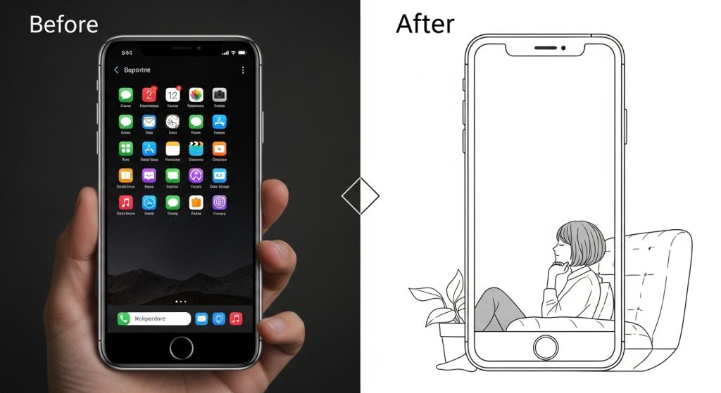 Before-and-after image showing a dark cluttered screen transforming into a soft white minimalist wallpaper with a calm user.
