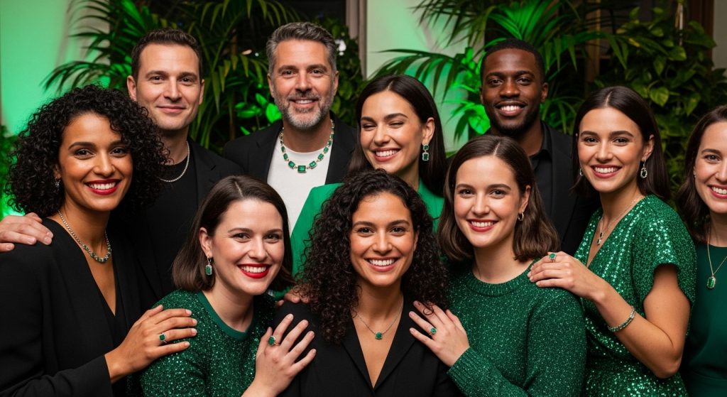 Emerald Jewelry Designs 2025 14 Diverse group of people wearing various emerald jewelry styles, smiling in a group portrait at a trendy event, with green themes in background, capturing joy and inclusivity in a lively, colorful composition.
