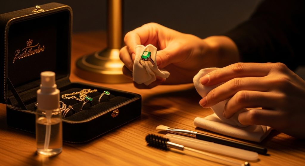 Emerald Jewelry Designs 2025 12 : Gentle hands cleaning an emerald ring with a soft cloth, beside a jewelry box and care tools on a wooden table, illuminated by warm lamp light, conveying care and preservation in a cozy, detailed scene.