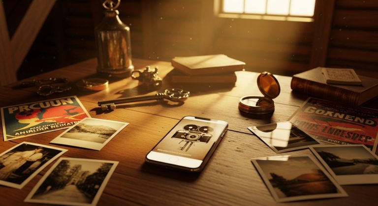A beautifully lit vintage attic scene filled with warm golden sunlight streaming through wooden beams. Old posters, faded polaroids, and antique trinkets are scattered across a rustic table. In the center, an iPhone glows softly, displaying an aesthetic vintage iPhone wallpaper in sepia tones — perfectly blending past and present.