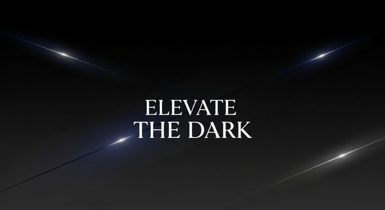 Dark aesthetic laptop wallpaper with black and charcoal tones, soft blue glow, and bold white text “ELEVATE THE DARK.”