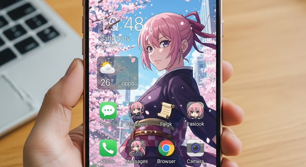 Top Aesthetic Anime Wallpaper Ideas to Personalize Your Screen 7 ?Image Prompt: A phone home screen mockup fully themed with anime wallpaper, matching widgets, and custom icons that create a complete aesthetic look.
