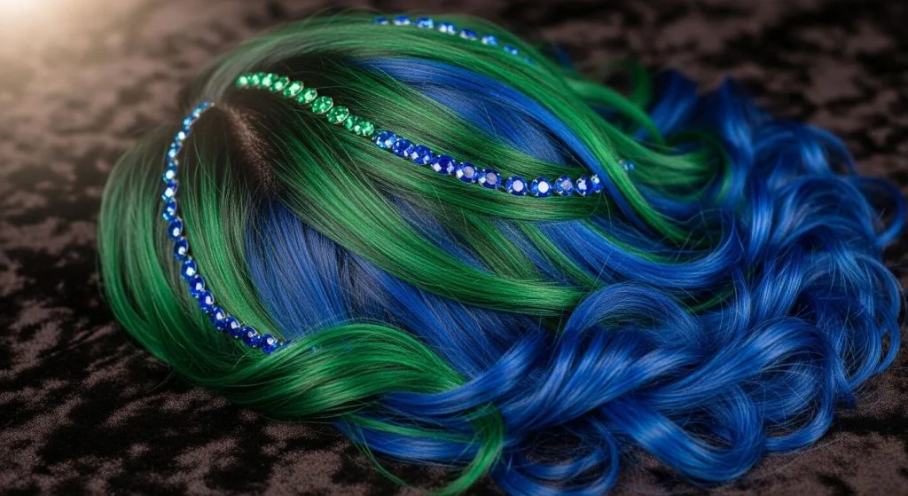 : Array of vibrant jewel-toned hair accents on a model, with emerald and sapphire streaks, arranged creatively, photographed on a velvet surface with soft glow, captivating in color and variety.