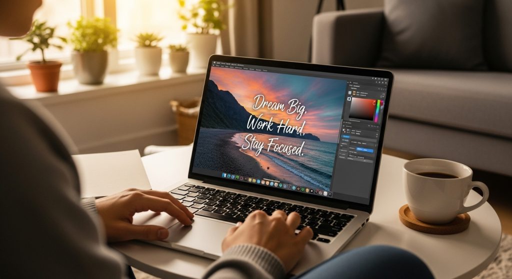 Person editing a wallpaper on their laptop, adding inspirational text overlays.
