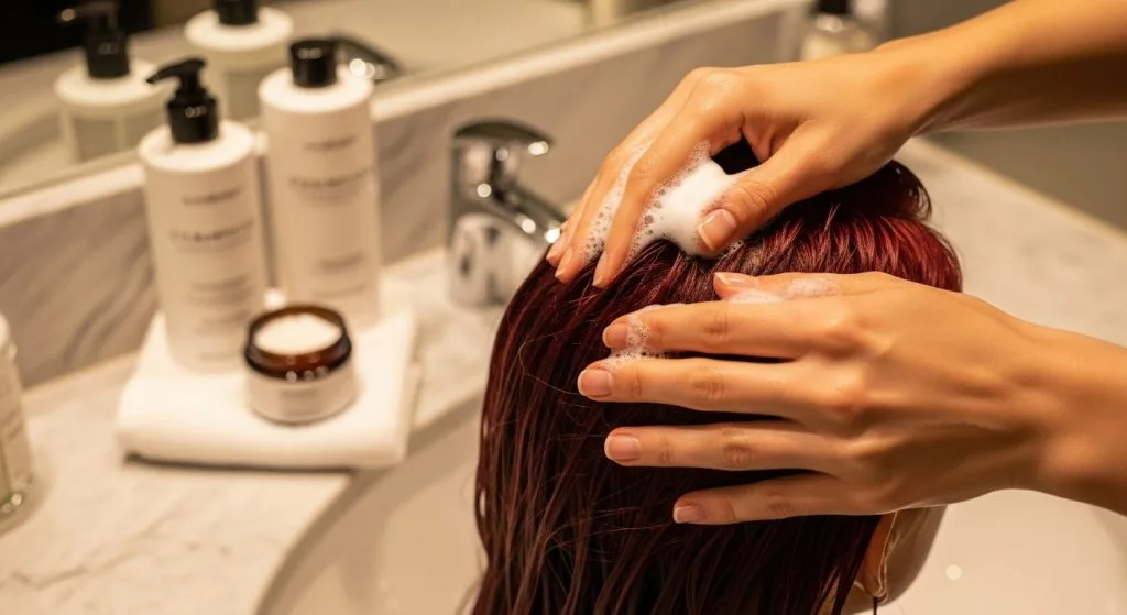  Gentle hands applying shampoo to colored hair, beside care products on a marble counter, warm light conveying nurture, in a cozy, detailed bathroom scene.