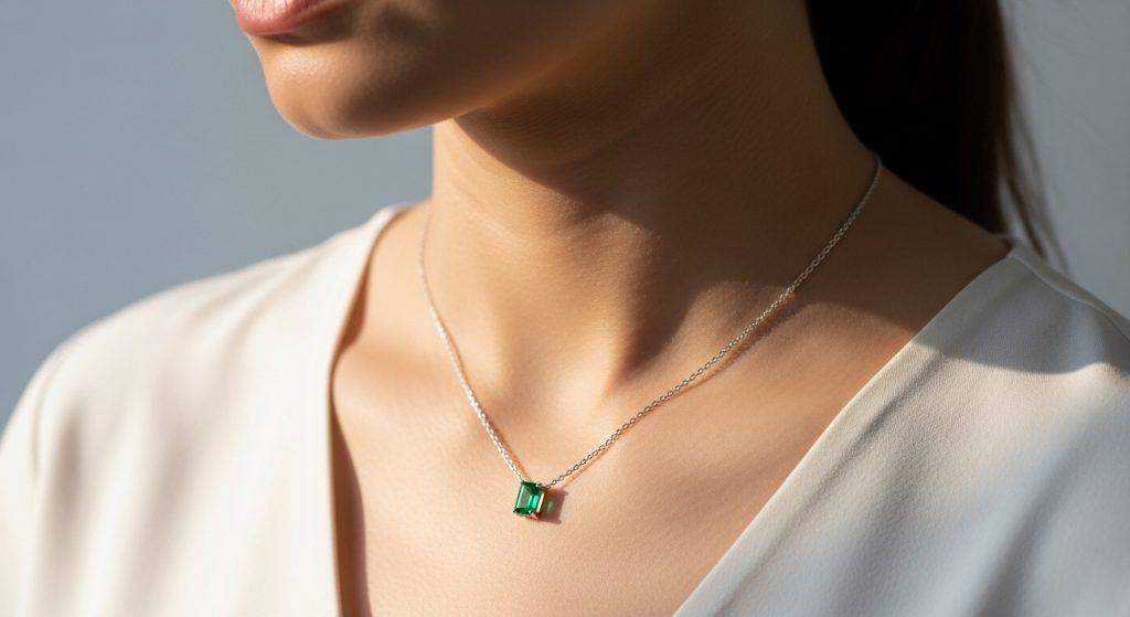 Emerald Jewelry Designs 2025 9 : Minimalist emerald pendant necklace on a delicate chain, hanging against a model's collarbone, with soft natural light accentuating the stone's clarity, in a clean, serene studio shot that's elegant and inviting.