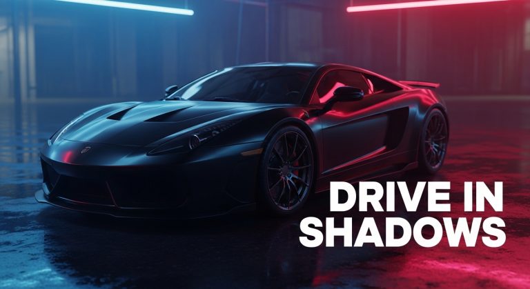 Dark aesthetic laptop wallpaper featuring a sleek black sports car under neon lights with bold white text “DRIVE IN SHADOWS.”