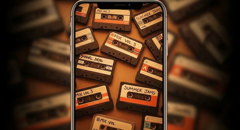 Vintage 90s Retro Brown iPhone Wallpaper featuring warm sepia tones, nostalgic cassette tapes, and soft film grain textures — perfect for a cozy, old-school aesthetic look.