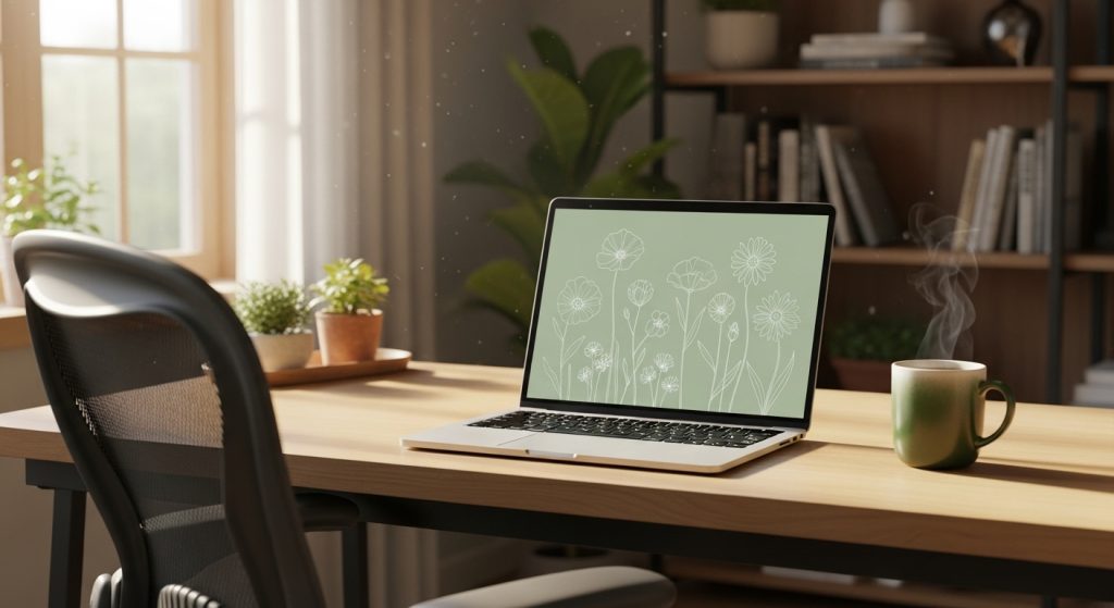 A cozy home office with sunlight, a coffee mug, and a laptop displaying a floral minimalist background.