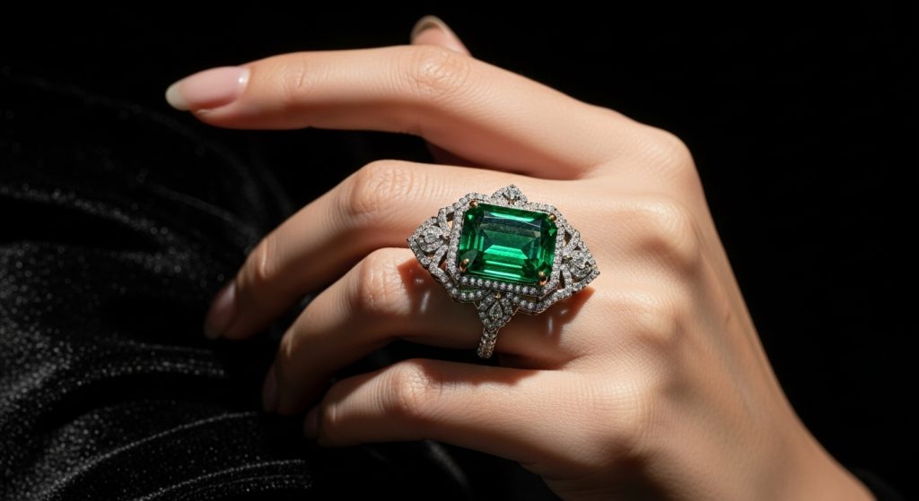Emerald Jewelry Designs 2025 3 Stunning close-up of a woman's hand wearing a bold emerald cocktail ring with diamond accents, fingers elegantly posed against a black velvet background, illuminated by dramatic lighting to emphasize the gem's deep green sparkle and intricate design