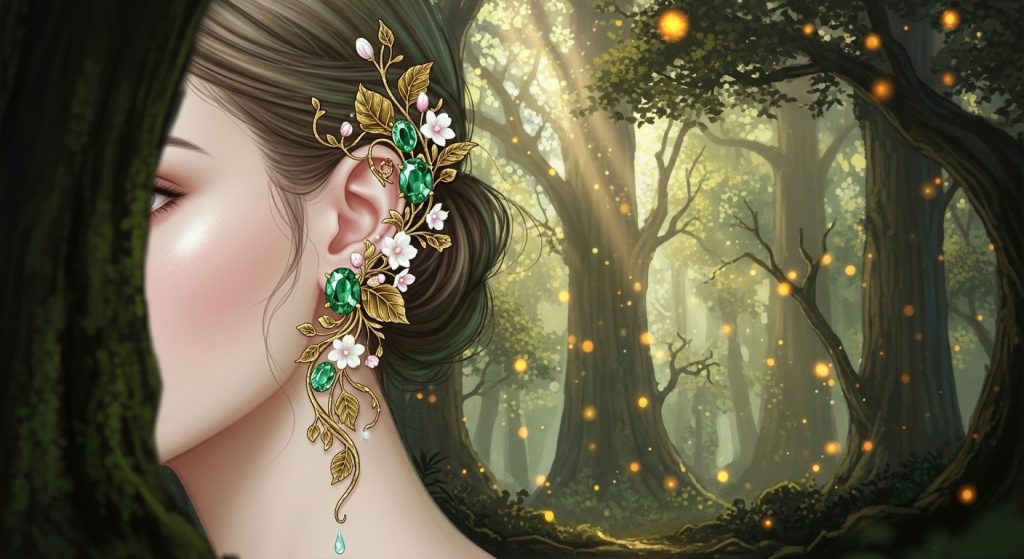 Emerald Jewelry Designs 2025 5 Whimsical illustration of vine-shaped emerald earrings dangling from a model's ear, intertwined with delicate gold leaves and tiny flowers, set in a forest scene with soft bokeh lights, evoking a magical, nature-embraced fantasy.
