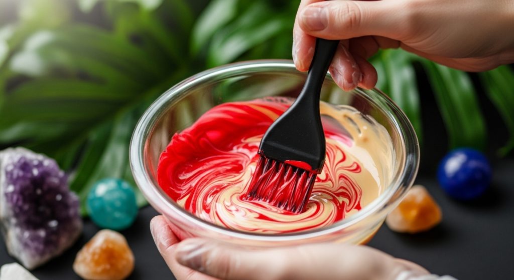 Beautiful Hair Color Ideas for Women 2025 2 Close-up of a stylist's hands mixing hair dye in a bowl, with rich red and blonde pigments swirling together, set against a backdrop of natural elements like leaves and gems, in high-detail photography that emphasizes vibrancy and creativity.