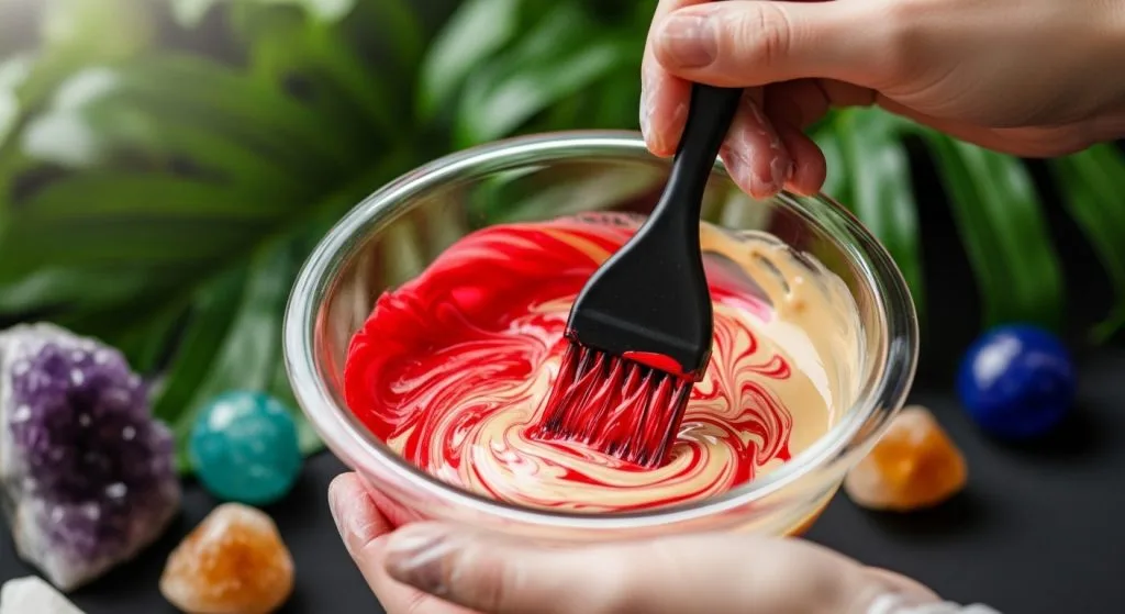 Close-up of a stylist's hands mixing hair dye in a bowl, with rich red and blonde pigments swirling together, set against a backdrop of natural elements like leaves and gems, in high-detail photography that emphasizes vibrancy and creativity.