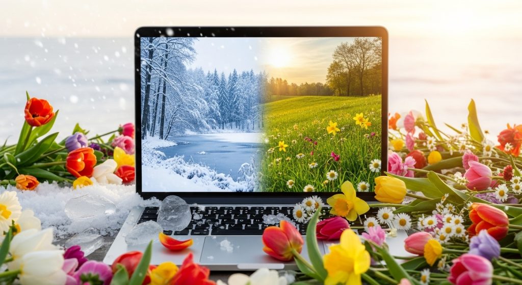 Laptop changing from winter to spring wallpaper, surrounded by blooming flowers.