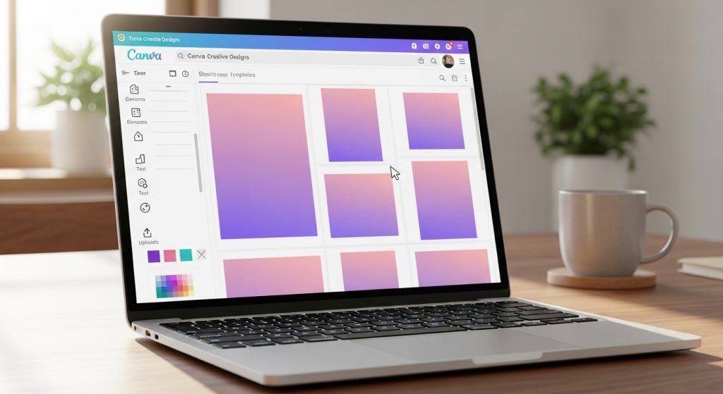 Laptop open in Canva with pink gradient templates and creative design tools visible.