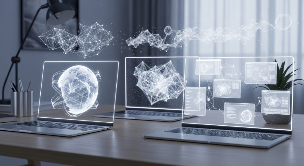 Futuristic laptop screens with holographic white wallpapers glowing in modern workspace lighting.