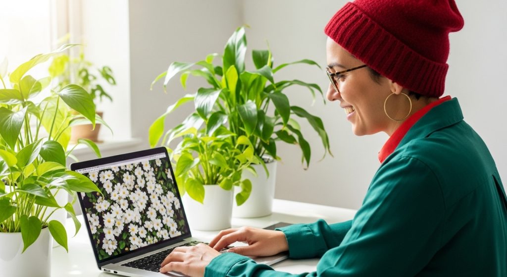 A smiling person at a bright desk using a laptop with a white floral wallpaper and green plants around.