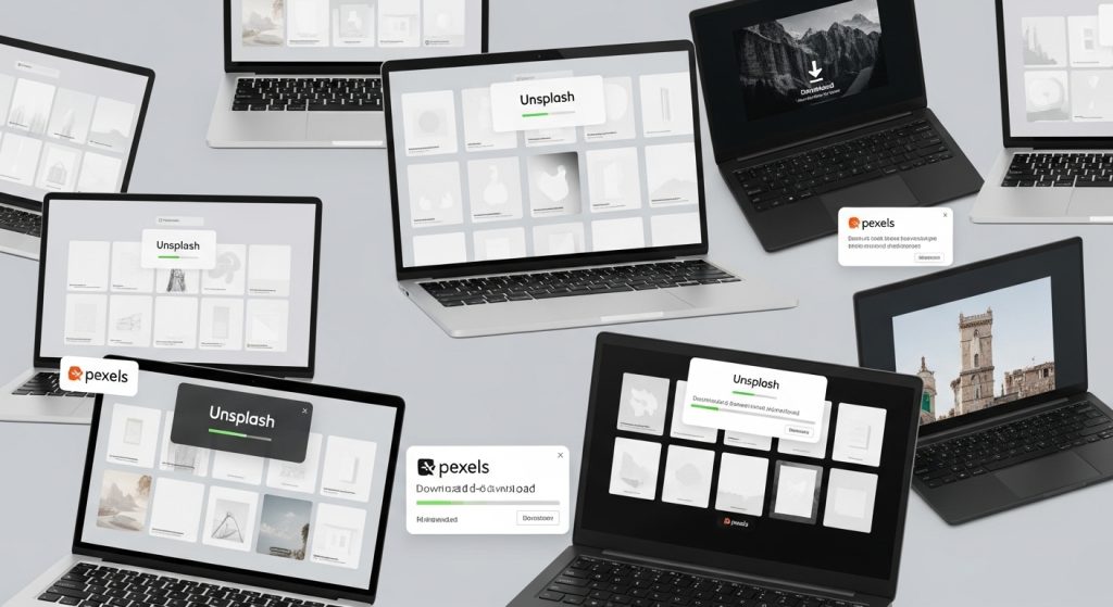 Collage of laptops downloading from Unsplash and Pexels with white wallpaper thumbnails glowing on screens.