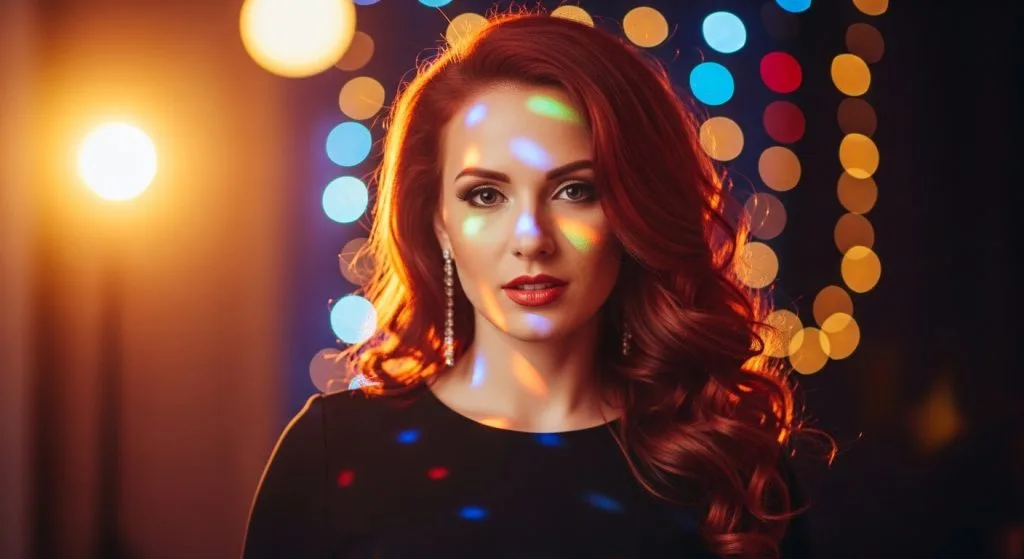 Stunning portrait of a woman with cherry cola red hair cascading in loose curls, her face illuminated by party lights, wearing a sleek black dress, evoking confidence and allure in a dramatic, eye-catching composition.