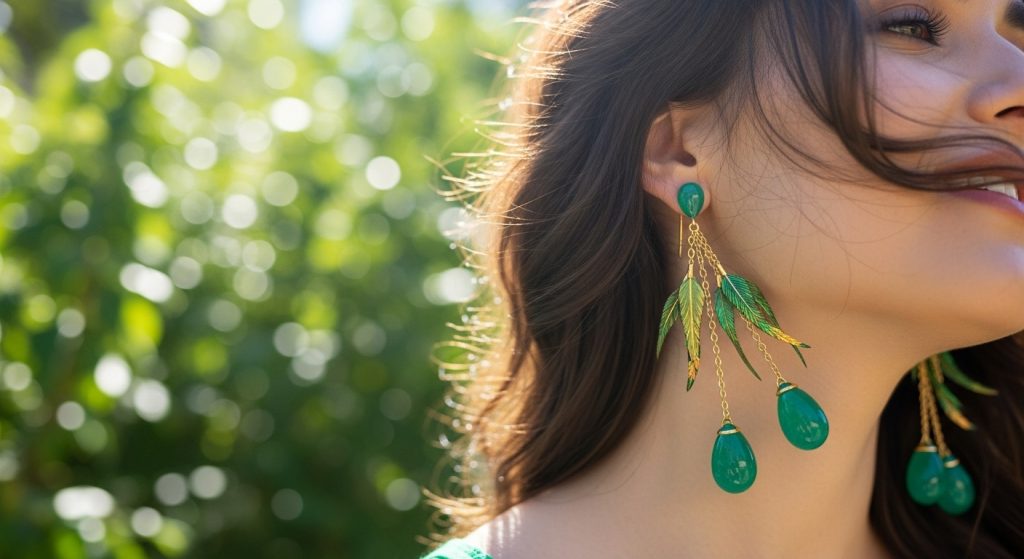 Emerald Jewelry Designs 2025 8 Dynamic photo of emerald drop dangler earrings in motion, with green gems swinging from gold chains adorned with tiny feathers, worn by a model with wind-swept hair, in a vibrant outdoor setting that's energetic and enchanting.