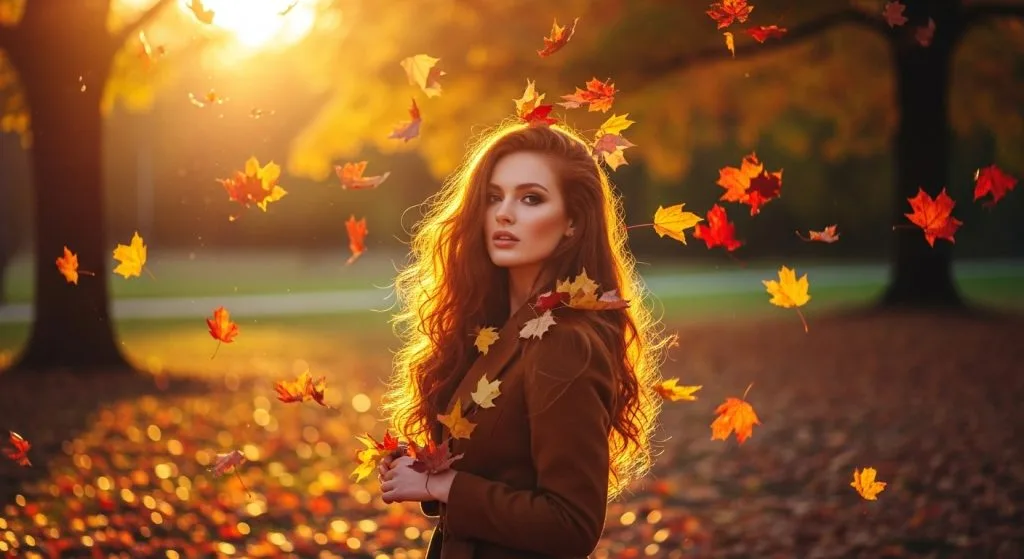 Elegant model with ginger spice hair in soft waves, standing amid falling autumn leaves, sunlight filtering through, in a warm, golden-hour photo that's captivating and seasonal.