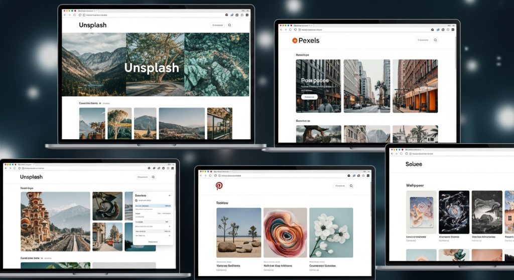 Collage of laptop screens browsing wallpaper sites (Unsplash, Pexels, Pinterest).