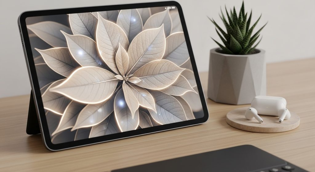 Top Aesthetic iPad Wallpapers for a Minimal & Stylish Look 7 Image Prompt: Create an eye-catching mockup of an iPad showing a matching neutral floral wallpaper, with leaf details and glowing edges, beautiful in sharp, high-res detail for a cohesive, tech-savvy vibe.
