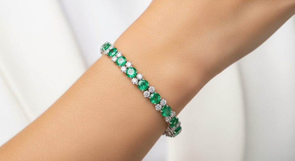 Emerald Jewelry Designs 2025 6 Sleek wrist shot of an emerald and diamond tennis bracelet on a woman's arm, with alternating green and white gems catching the light, against a minimalist white background, highlighting precision and shine in a modern, alluring composition.