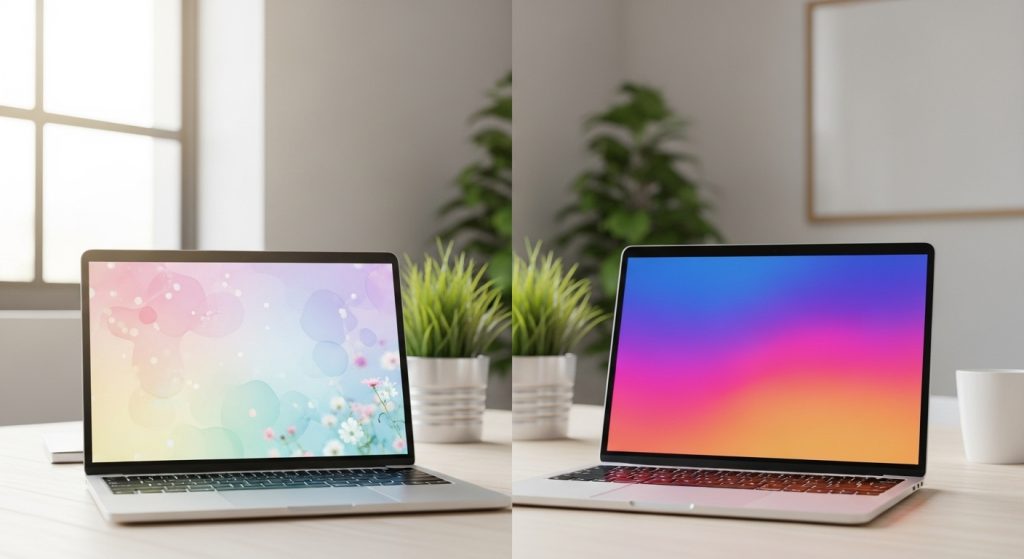 Side-by-side comparison: one laptop with a soft pastel wallpaper, another with a bold gradient, both in a bright workspace.