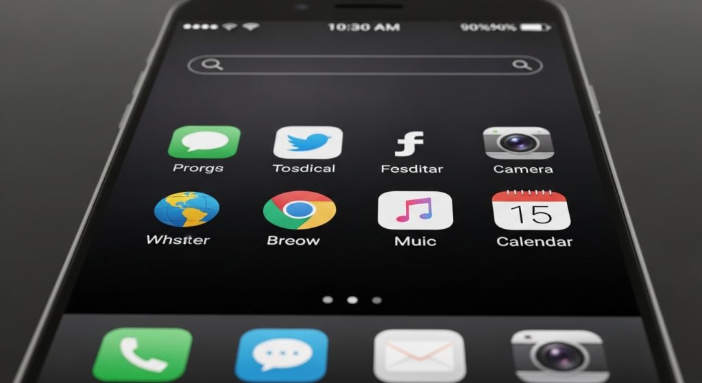 Transform Your Screen with Dark Aesthetic Wallpaper Vibes 3 Image Prompt: A smartphone home screen with neat app icons over a smooth black gradient wallpaper.