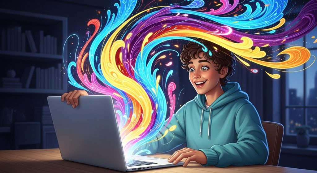 A colorful digital illustration of a smiling person opening a laptop with abstract waves of light and creativity flowing out.