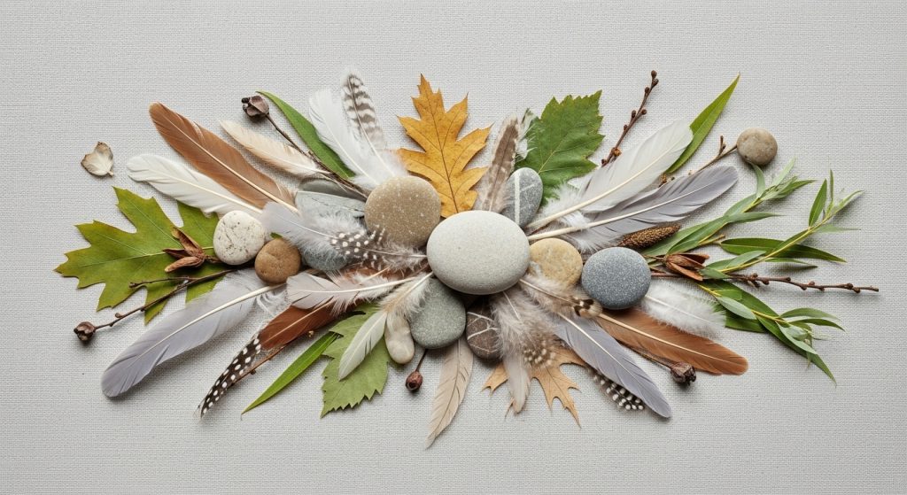 Top Aesthetic iPad Wallpapers for a Minimal & Stylish Look 5 Image Prompt: Produce an eye-catching collage of neutral elements like feathers, stones, and leaves on a light canvas, with artistic arrangements, beautiful in muted tones for a fun, energetic composition.