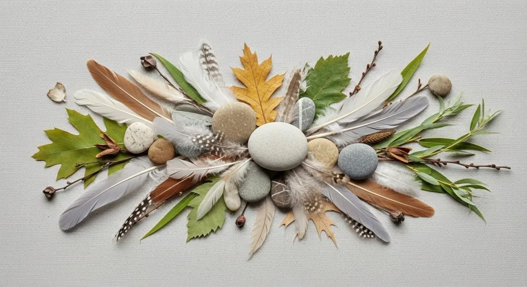 Top Aesthetic iPad Wallpapers for a Minimal & Stylish Look 5 Image Prompt: Produce an eye-catching collage of neutral elements like feathers, stones, and leaves on a light canvas, with artistic arrangements, beautiful in muted tones for a fun, energetic composition.