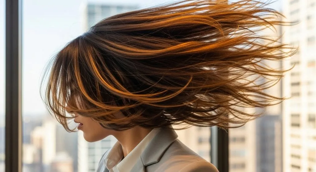 Dynamic photo of smoky bronze hair in motion, with bronze highlights swinging, worn by a model in business attire, in an urban office backdrop that's energetic and professional.