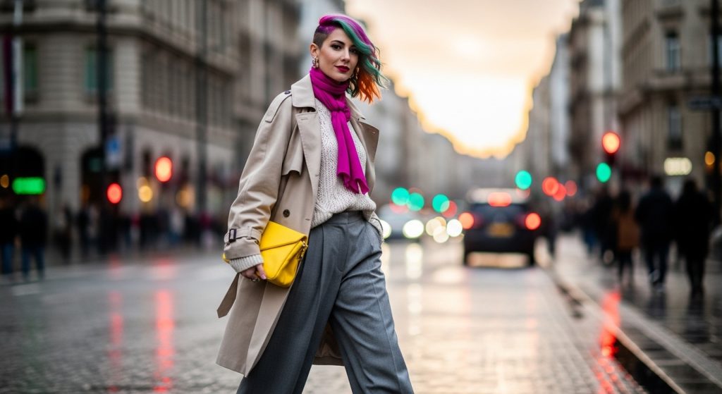 Beautiful Hair Color Ideas for Women 2025 11 Stylish ensemble of a woman with mixed hair colors, in neutral clothes, posing in a city street, with vibrant accents standing out, in a fashionable, aspirational photograph.