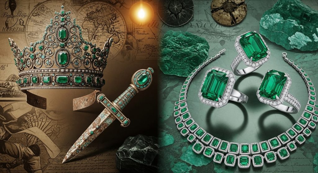 Emerald Jewelry Designs 2025 13 Historical montage blending ancient emerald artifacts with modern 2025 designs, like crowns and contemporary rings side by side, in a rich, textured collage that's visually striking and narrative-driven.
