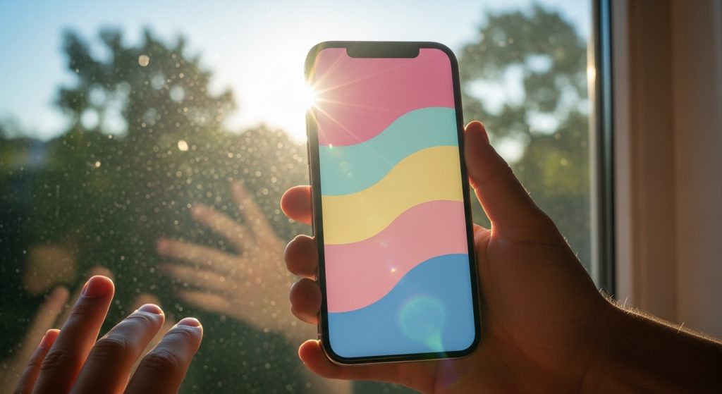 Aesthetic Wallpaper iPhone: Discover 2025 Trends to Refresh Your Screen 1 : A glowing iPhone with a pastel wave wallpaper held near a sunny window, soft morning light streaming in.
