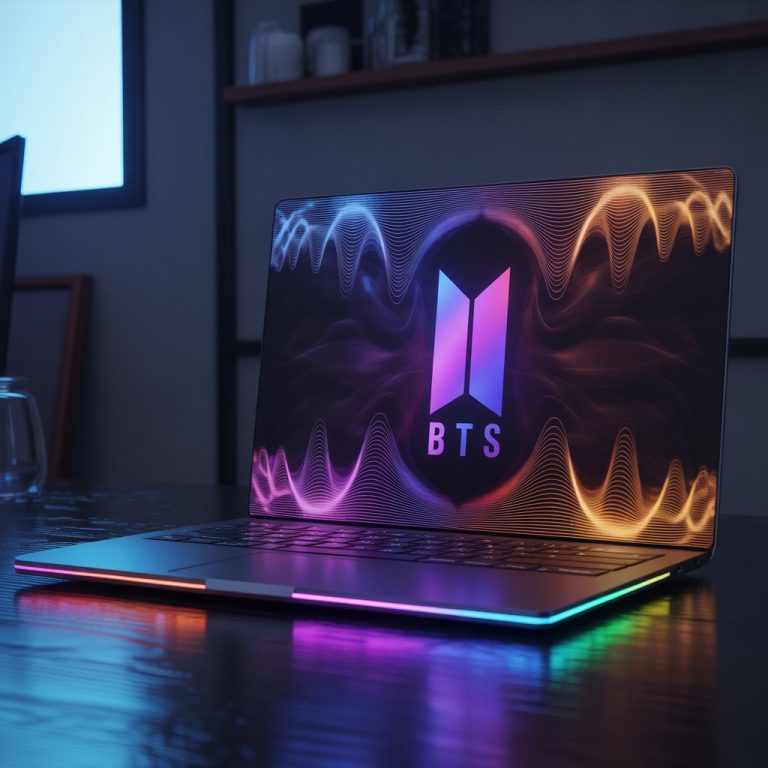 Image Prompt: A cinematic close-up of a laptop in a dark room, glowing with a high-definition BTS wallpaper, symbolizing inspiration and connection.