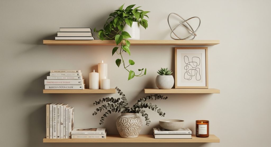 Ideas for the House: Simple Ways to Refresh Your Home 6 Floating shelves with organized books, plants, and stylish decor.