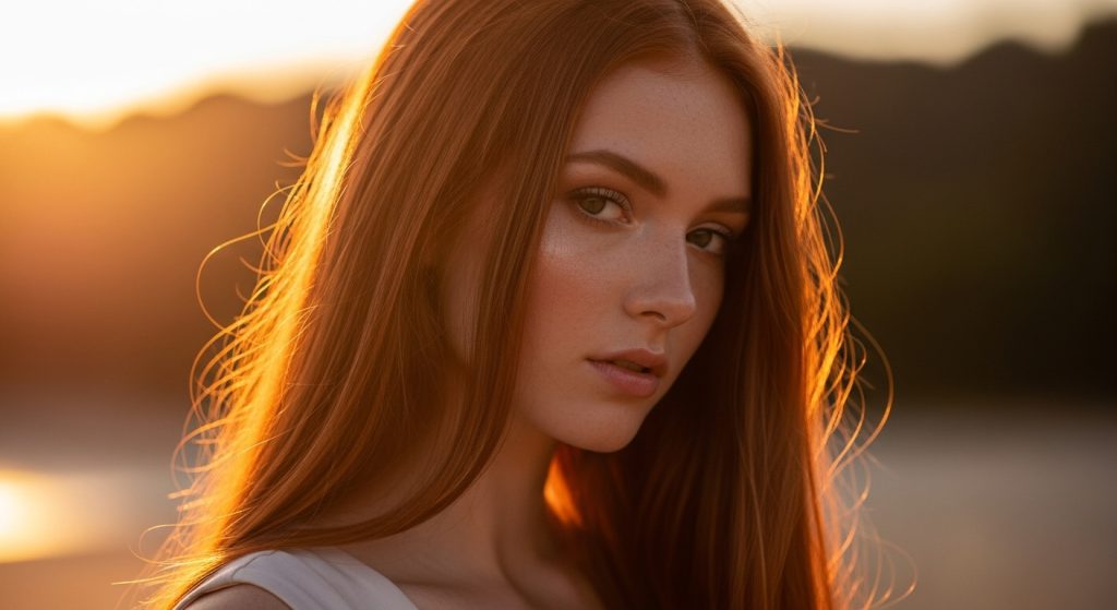 
A woman with bright fiery red hair glowing under warm sunlight.